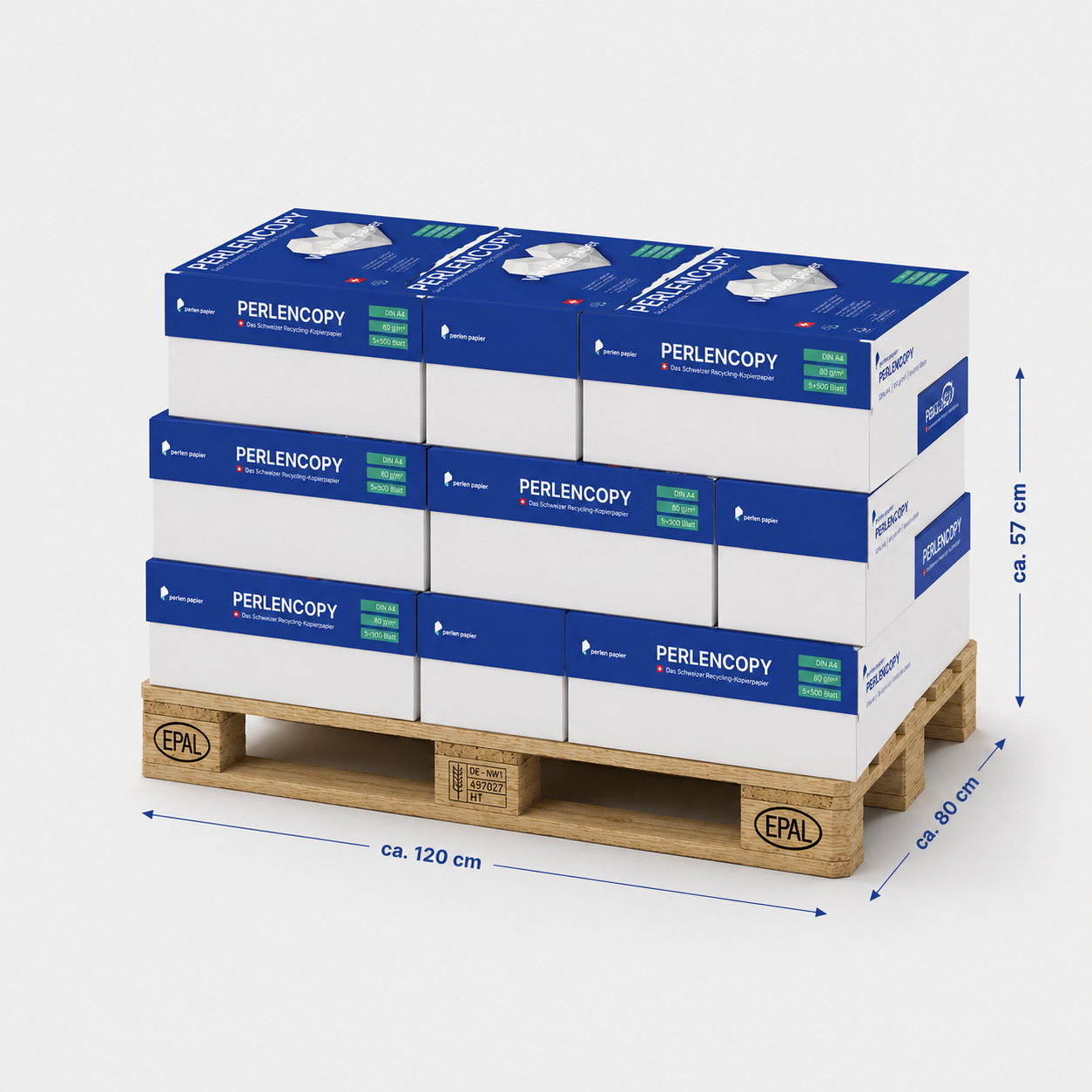PERLENCOPY DIN A4 Recycling-Druckerpapier 80g/m², Weisse CIE 55, halbe Palette mit 20 Boxen à 5 Ries, 50'000 Blatt
