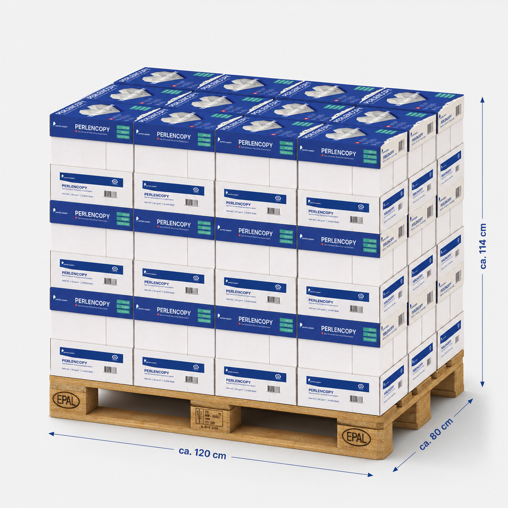 PERLENCOPY DIN A4 Recycling-Druckerpapier 80g/m², Weisse CIE 55, Palette mit 40 Boxen à 5 Ries, 100'000 Blatt